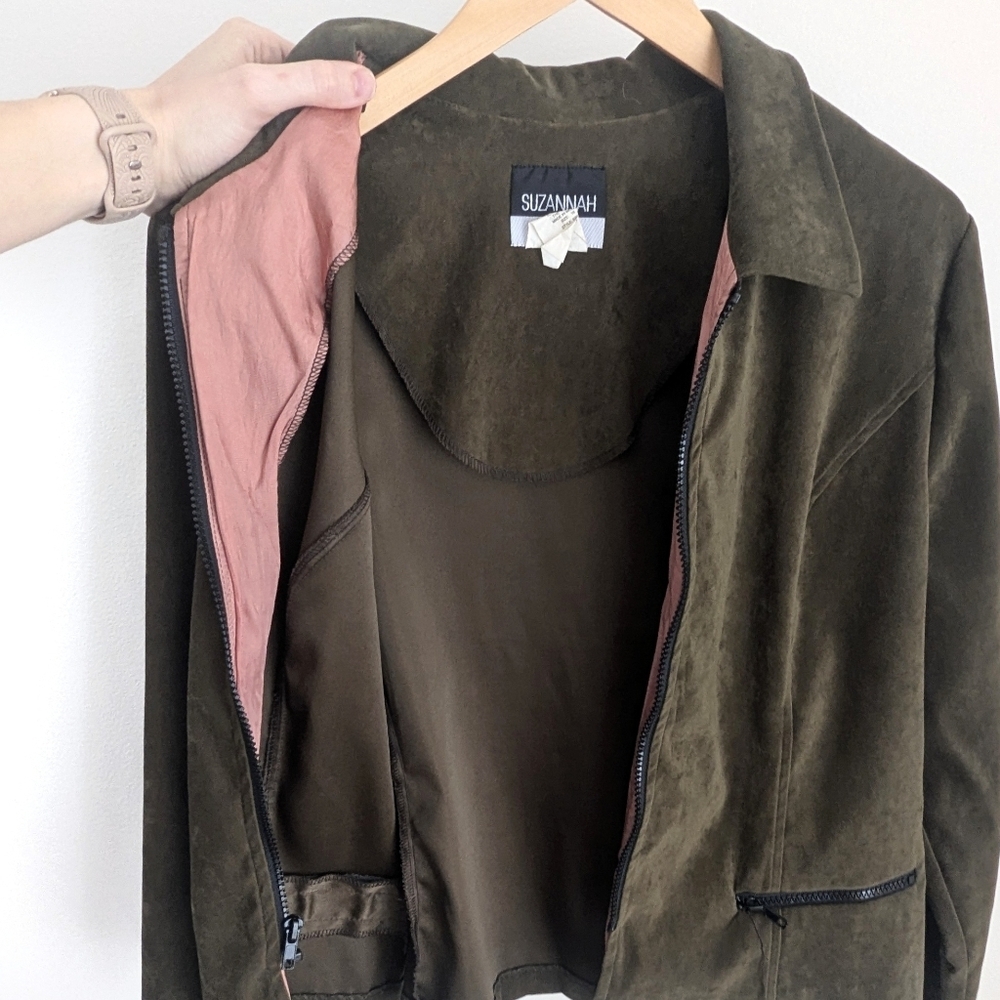 Suzannah James Olive Suede-Look Zip Jacket Size 16 Classic Structured Blazer - Picture 5 of 8